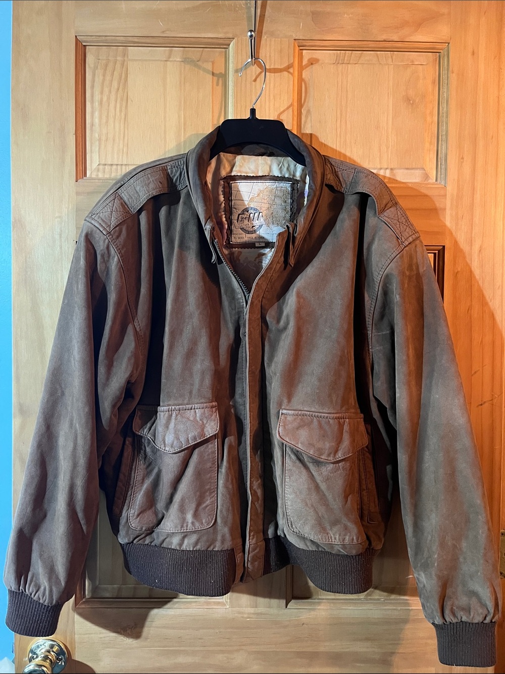 Men's Brown Leather Bomber Jacket with Patch Pockets
